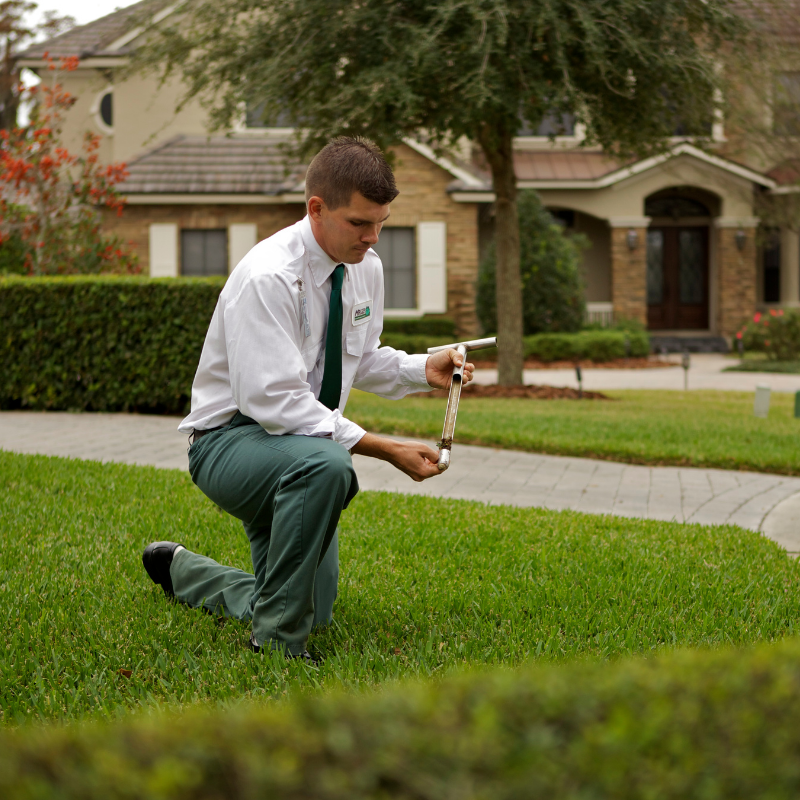 Lawn Specialist inspecting a soil sample before creating a lawn care program.