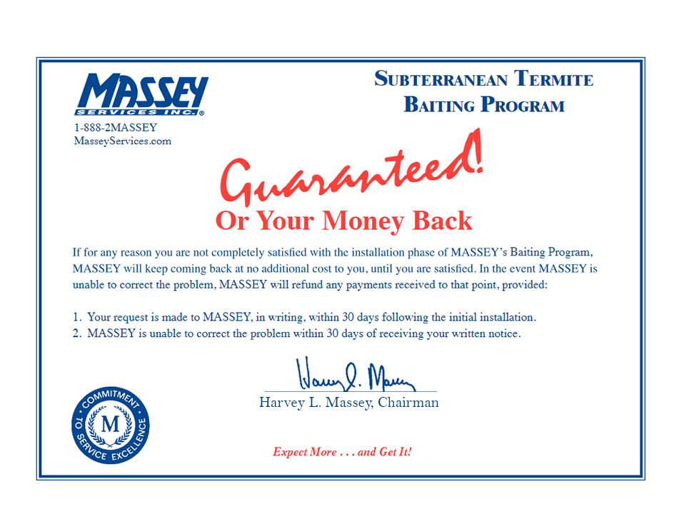 Guarantee for Massey's Termite Control bait program.